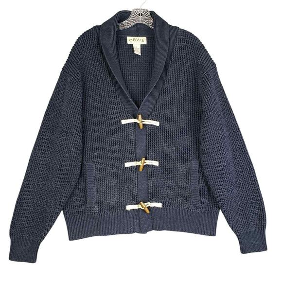 Orvis Cardigan Sweater Shawl Collar Toggle Button Chunky Knit Men's Large Blue - Picture 2 of 8